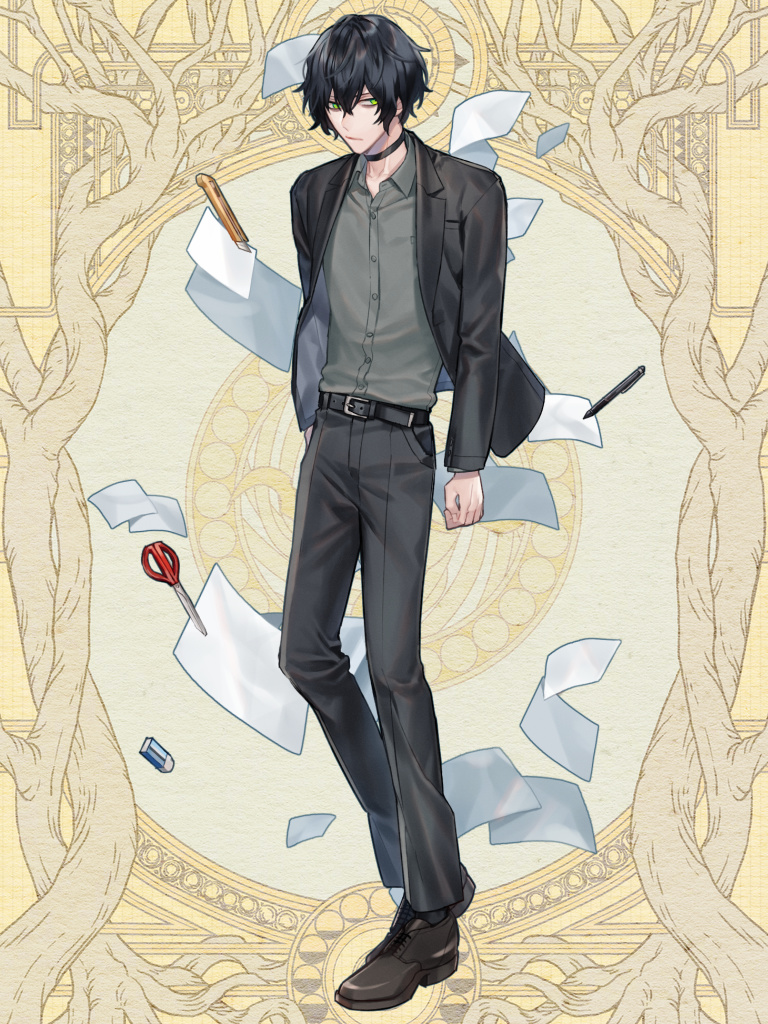 1boy, belt, black_choker, black_footwear, black_hair, black_jacket, black_pants, boxcutter, choker, dairoku_ryouhei, eraser, full_body, green_eyes, grey_shirt, hair_between_eyes, jacket, looking_at_viewer, male_focus, medium_hair, pants, paper, pen, scissors, shirt, solo, standing, suenoki_matsuji, syaro_0418, yellow_background