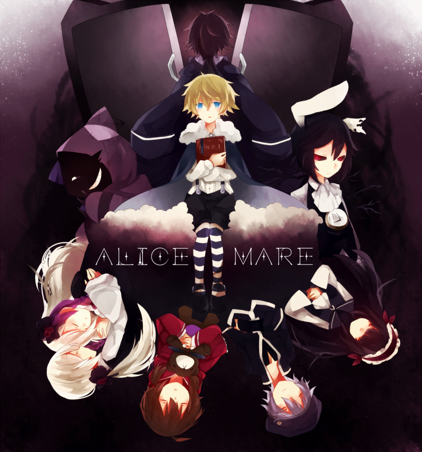 3girls, 6+boys, alicemare, allen_llewellyn, black_hair, black_sclera, blonde_hair, book, brown_hair, cat_boy, chelsy_reevis, cheshire_cat_(alicemare), colored_sclera, copyright_name, full_body, highres, holding, holding_book, joshua_bartlett, letty_amery, multicolored_hair, multiple_boys, multiple_girls, ponita, purple_hair, rabbit_boy, red_eyes, redhead, rick_amery, sensei_(alicemare), stella_northrop, white_rabbit_(alicemare)