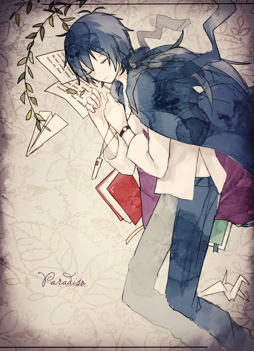 1boy, alicemare, black_cape, black_hair, blue_pants, book, cape, closed_eyes