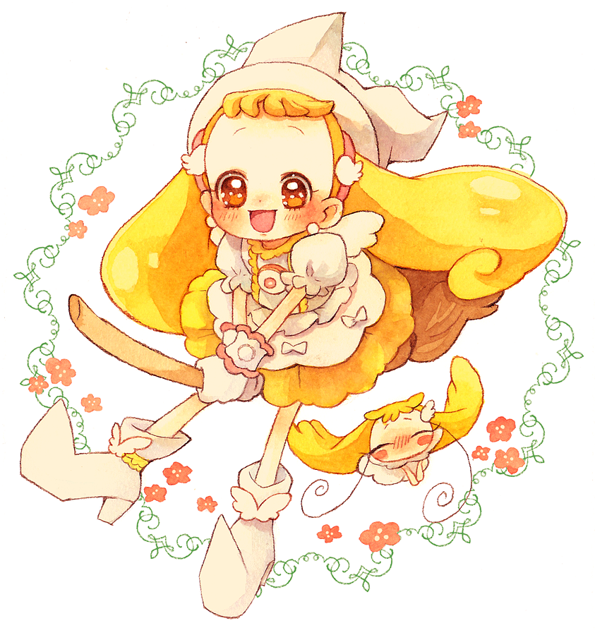1girl, :d, blonde_hair, blush, boots, broom, broom_riding, brown_eyes