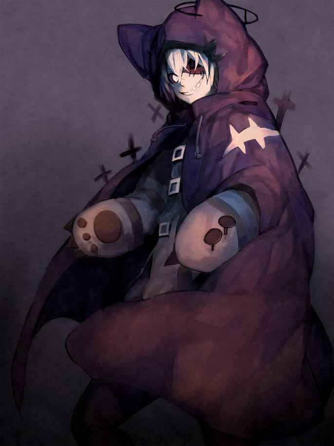 1boy, alicemare, animal_ears, animal_hood, black_jacket, black_sclera, brown_cloak, cat_boy
