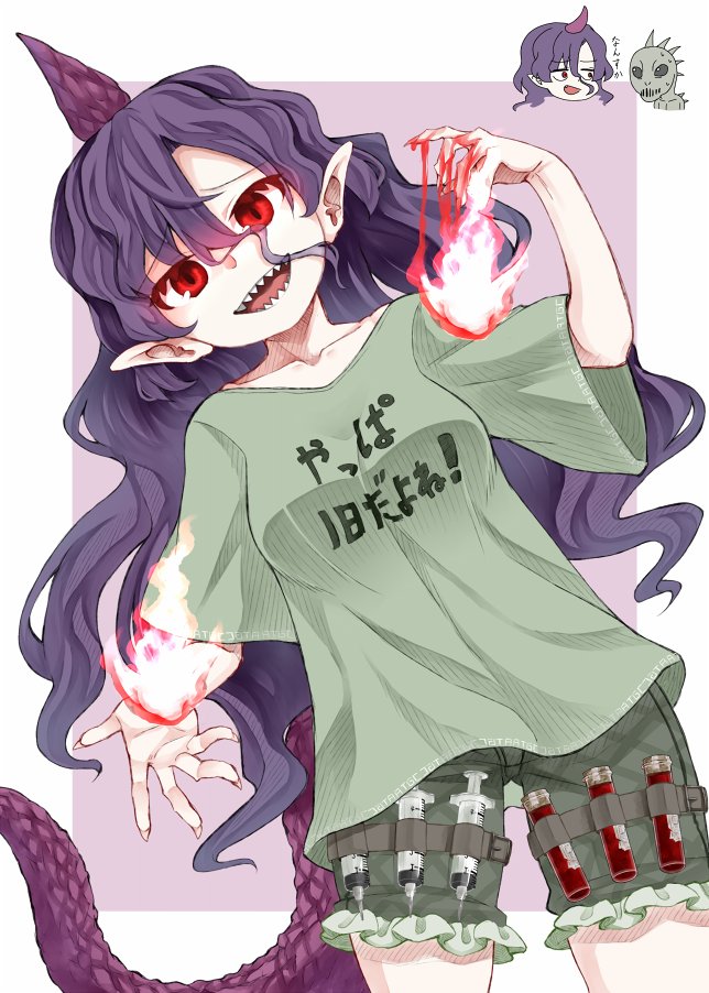 1girl, 1other, chupacabra, fingernails, fire, green_shirt, green_shorts, horns