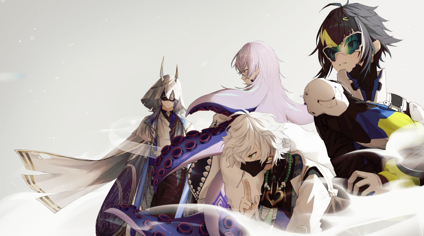 4boys, absurdres, ahoge, bandaged_arm, bandages, bead_necklace, beads, black_hair