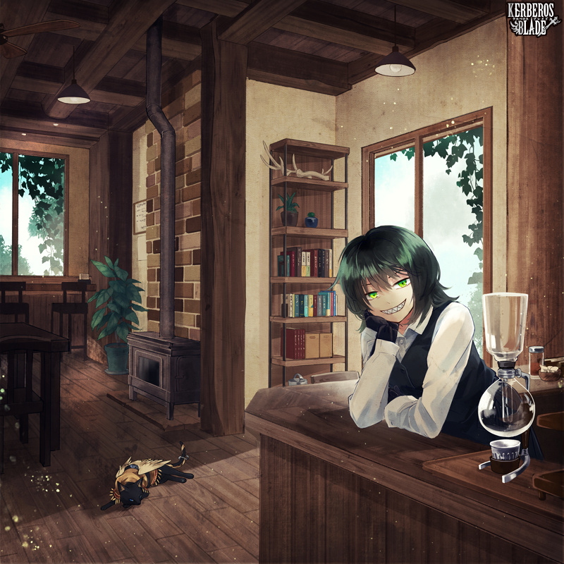 1girl, black_cat, black_gloves, book, bookshelf, cat, chair, copyright_name