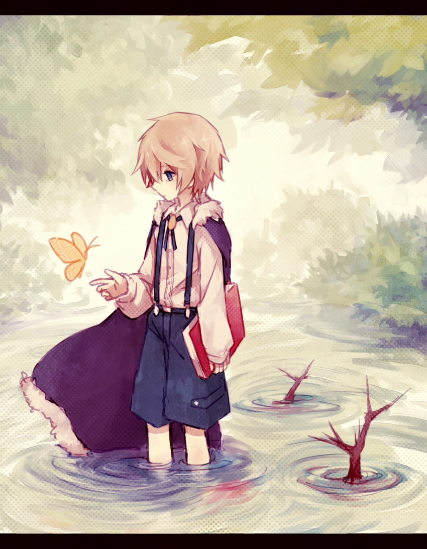 1boy, alicemare, allen_llewellyn, blonde_hair, blue_eyes, blue_shorts, bug, butterfly