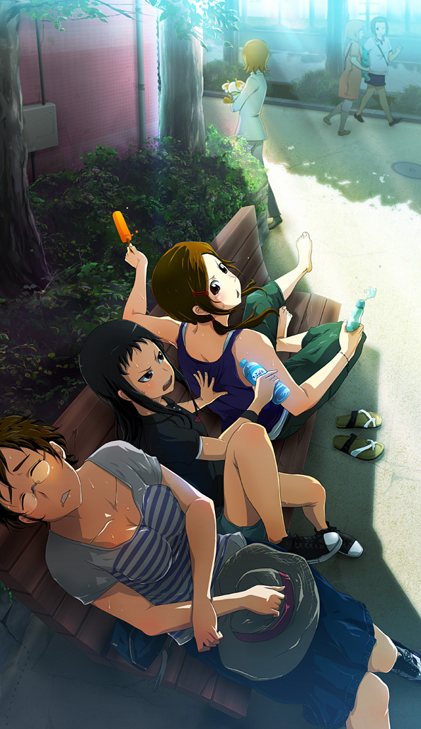 ban_keiko, ban_keiko_(cameo), barefoot, bench, black_hair, bottle, breasts, brown_hair