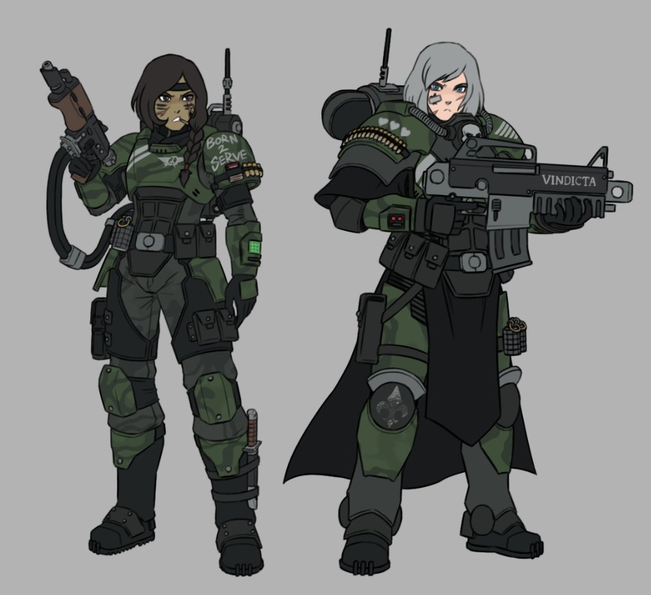 1girl, adepta_sororitas, ammunition_pouch, astra_militarum, bandage_on_face, bandages, bandana, blue_eyes, bolter, boot_knife, camouflage, card, cigarette, cigarette_pack, clenched_hand, explosive, facial_tattoo, grenade, heart, helmet, kalashnikov_rifle, kasrkin, knife, lasgun, long_braid, long_hair, playing_card, pouch, power_armor, simple_background, skirt, skull, solo, tattoo, thegraffitisoul, warhammer_40k, weapon, white_hair