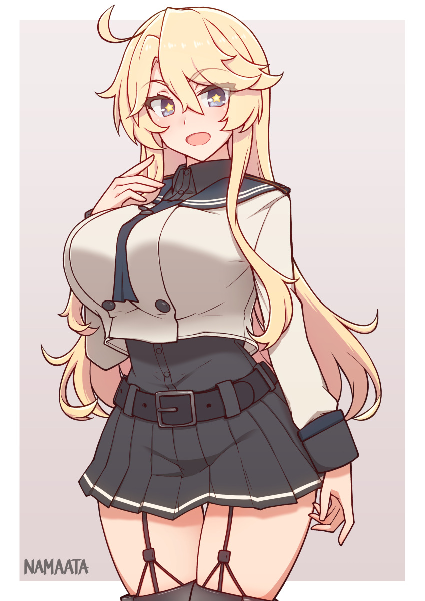 1girl, absurdres, alternate_costume, artist_name, black_sailor_collar, black_skirt, blonde_hair, blue_eyes