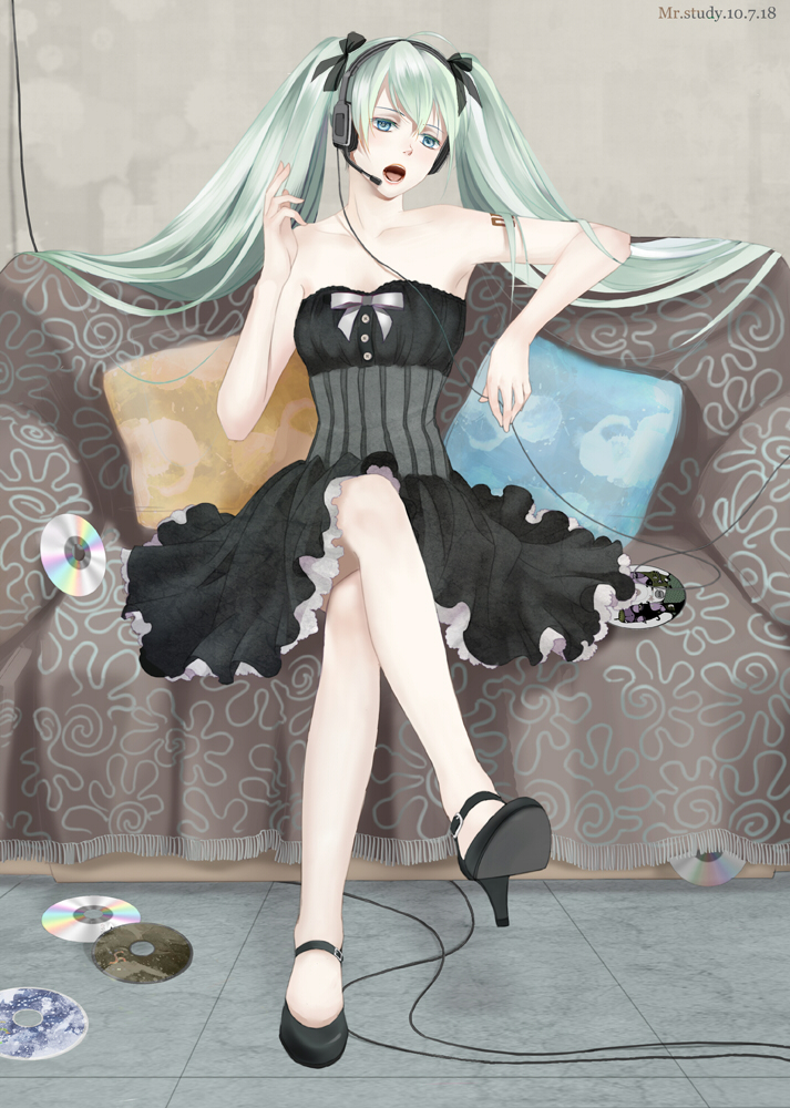 aqua_eyes, aqua_hair, cd, couch, crossed_legs, cushion, dress, hatsune_miku