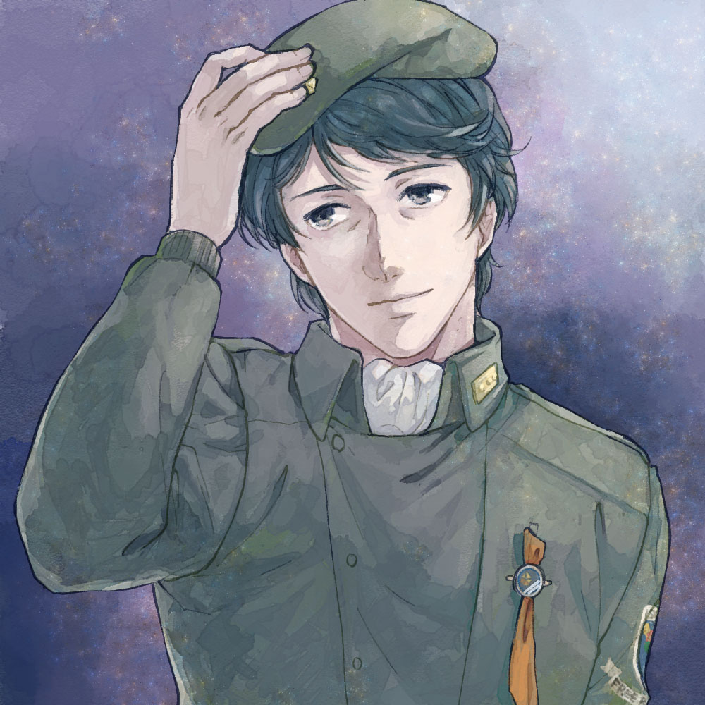 aduma, beret, blue_eyes, blue_hair, closed_mouth, english_text, free_planets_alliance, ginga_eiyuu_densetsu
