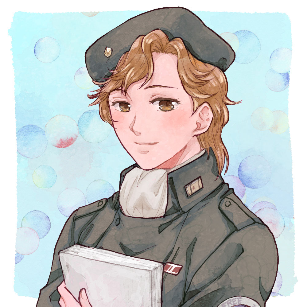 1girl, aduma, beret, black_jacket, blonde_hair, brown_eyes, english_text, frederica_greenhill