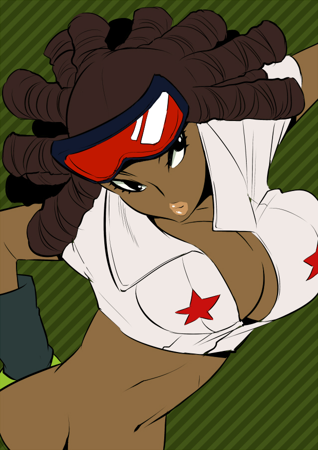 breasts, brown_hair, cleavage, crop_top, dark_skin, goggles, goggles_on_head, huge_breasts, jet_set_radio, lipstick, midriff, name_characters, niwacho, ringlets, star, sugar_(jet_set_radio)