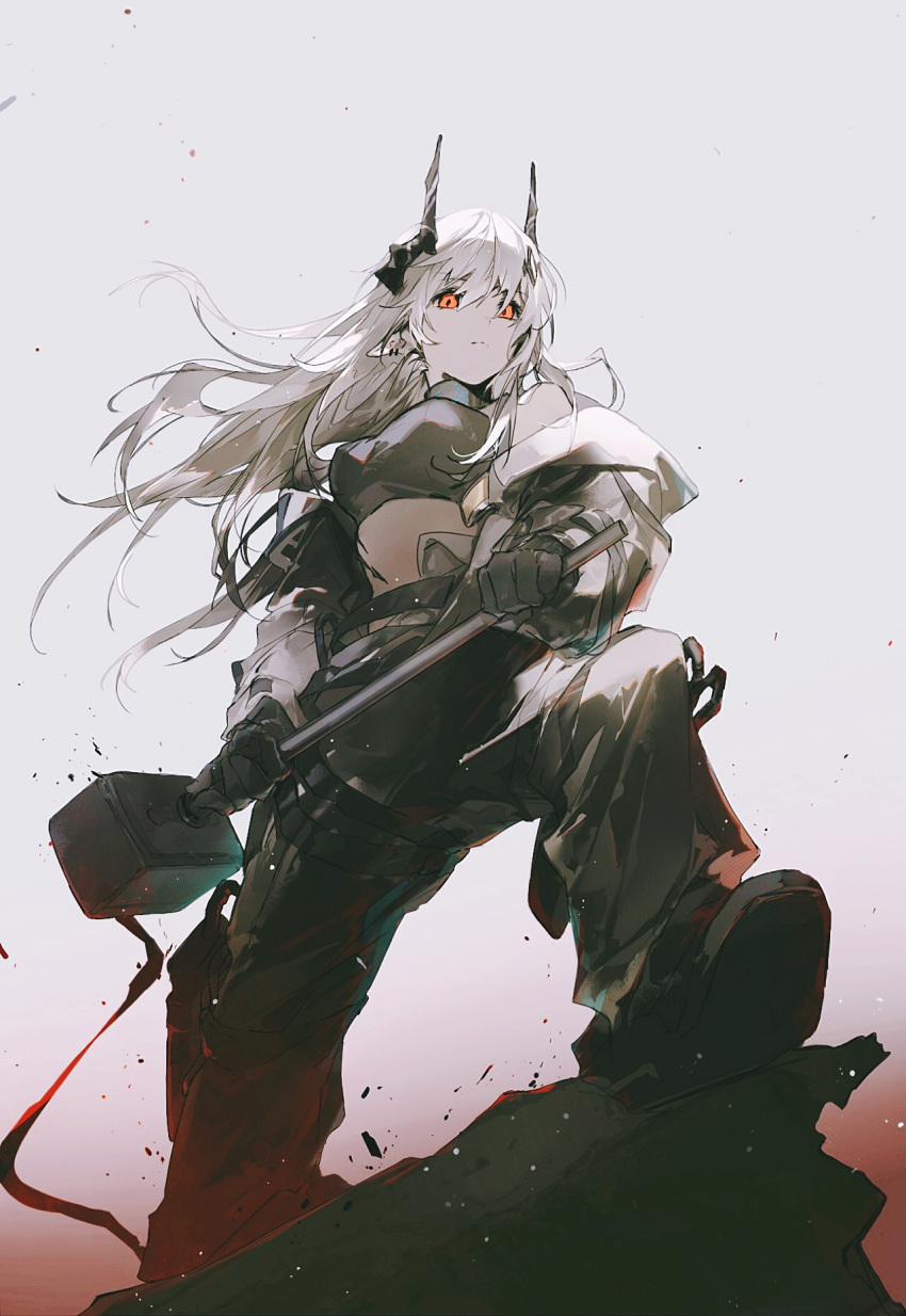 1girl, arknights, bare_shoulders, black_gloves, black_sports_bra, cheonyeon-hi, closed_mouth, earrings, foreshortening, from_below, full_body, gloves, gradient_background, hair_ornament, hammer, highres, holding, holding_hammer, horns, infection_monitor_(arknights), jewelry, jumpsuit, legs_apart, long_hair, looking_at_viewer, mudrock_(arknights), mudrock_(elite_ii)_(arknights), multiple_earrings, open_jumpsuit, oripathy_lesion_(arknights), pointy_ears, red_eyes, sledgehammer, solo, sports_bra, war_hammer, weapon, white_hair, white_jumpsuit