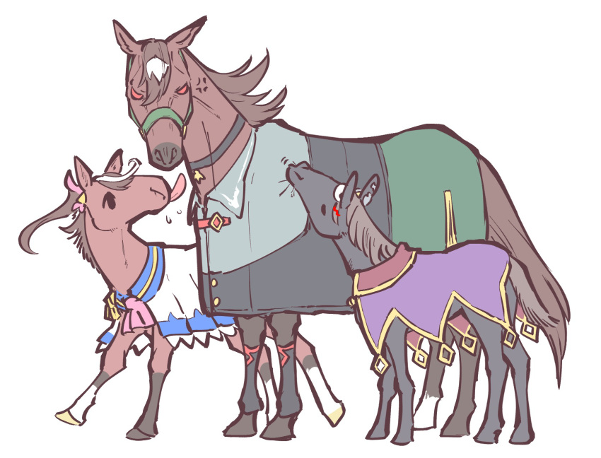 anger_vein, animalization, ascot, biting_another's_clothes, bow, bridle, brown_hair, coat, commentary_request, flying_spittle, green_coat, hair_between_eyes, hair_bow, highres, horse, multicolored_hair, no_humans, pendant_choker, pink_ascot, pink_bow, ponytail, purple_coat, red_eyes, simple_background, sirius_symboli_(umamusume), streaked_hair, takatsuki_nato, tokai_teio_(umamusume), tongue, tongue_out, tsurumaru_tsuyoshi_(umamusume), two-tone_hair, umamusume, white_background, white_coat, white_hair