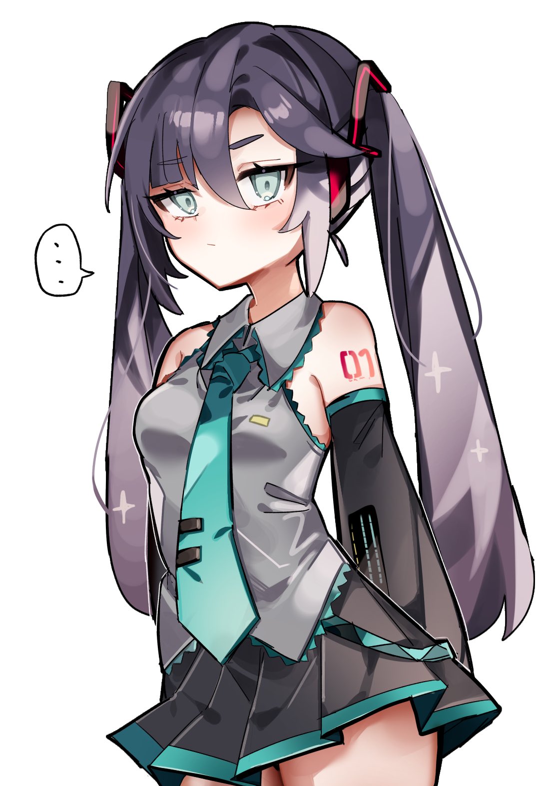 ..., 1girl, aqua_eyes, bare_shoulders, breasts, cps[;ay, deeeeeeen114514, detached_sleeves, genshin_impact, half-closed_eyes, highres, mona_(genshin_impact), multicolored_hair, necktie, skirt, small_breasts, solo, thought_bubble, two-tone_hair
