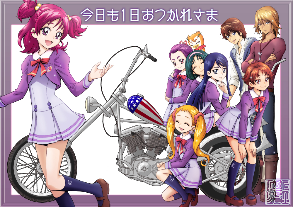 2boys, 6+girls, akimoto_komachi, american_flag, american_flag_print, artist_logo, black_footwear, blonde_hair