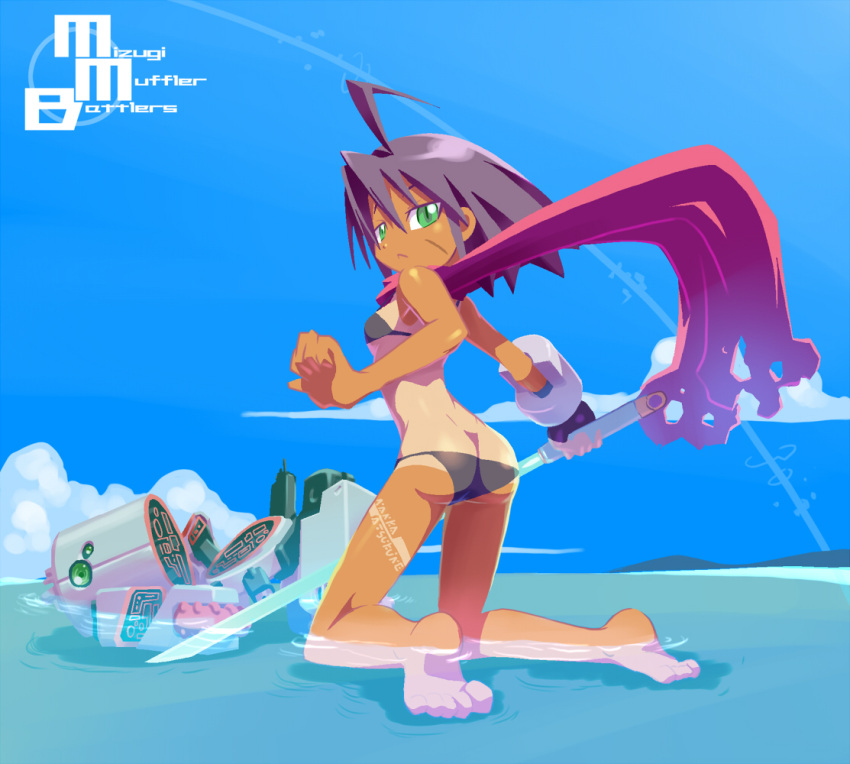 bikini, black_hair, feet, green_eyes, king_of_unlucky, looking_back, original, perspective