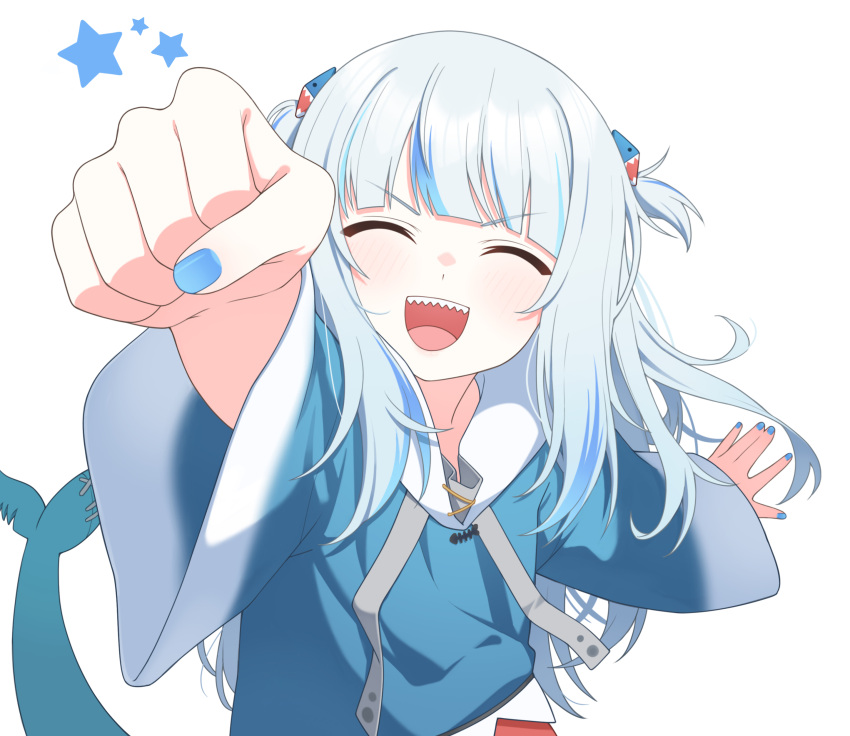 1girl, absurdres, animal_costume, blue_hair, blue_nails, blunt_bangs, clenched_hand, closed_eyes