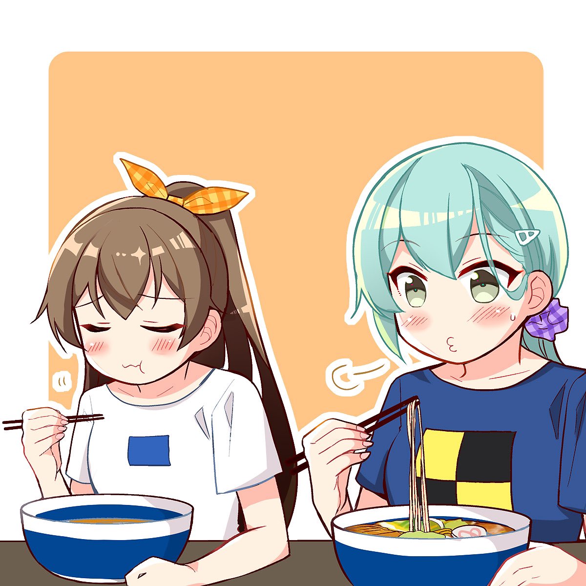 2girls, aqua_hair, blue_shirt, blush, bowl, chopsticks, closed_eyes, cosplay, eating, food, green_eyes, hair_ornament, hairclip, high_ponytail, highres, kantai_collection, kumano_(kancolle), low_ponytail, mikuma_(kancolle), mikuma_(kancolle)_(cosplay), mogami_(kancolle), mogami_(kancolle)_(cosplay), multiple_girls, noodles, shirt, suzuya_(kancolle), teramoto_kaoru, upper_body, white_shirt