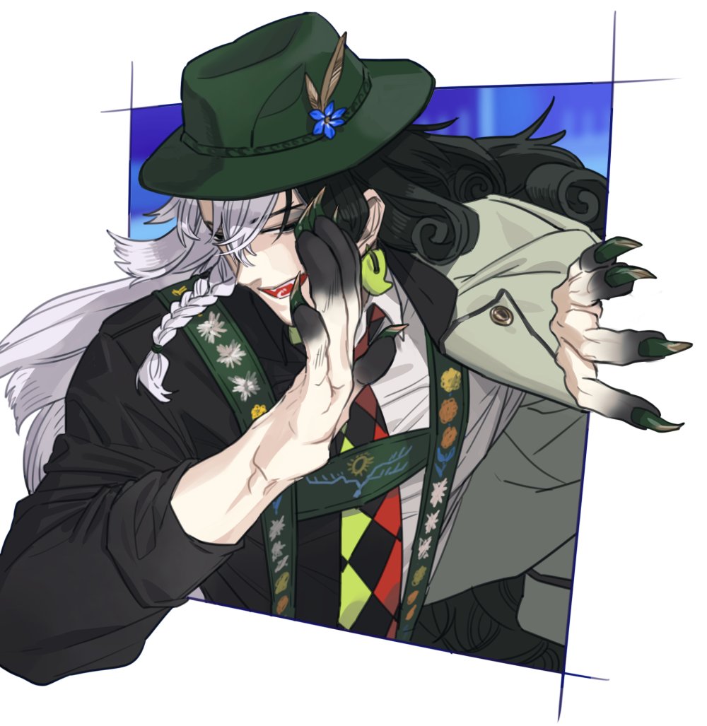 1boy, argyle, argyle_shirt, ashiya_douman_(second_ascension)_(fate), ashiya_douman_(tour_outfit)_(fate), black_hair, coat, coat_on_shoulders