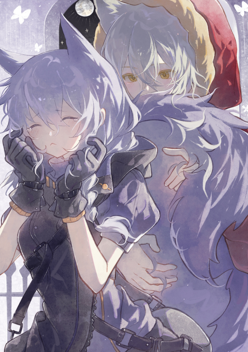 2girls, absurdres, animal_ears, arknights, belt_bag, black_gloves, black_vest, blush, braid, closed_eyes, coat, commentary_request, extra_ears, fur-trimmed_coat, fur_trim, gloves, grey_hair, hands_framing_own_cheeks, highres, hooded_coat, hugging_another's_tail, hugging_tail, long_hair, multiple_girls, projekt_red_(arknights), provence_(arknights), purple_hair, purple_shirt, red_coat, scared, shanzhamei23687, shirt, short_sleeves, side_braid, single_braid, tail, tearing_up, upper_body, vest, wolf_ears, wolf_girl, wolf_tail, yellow_eyes