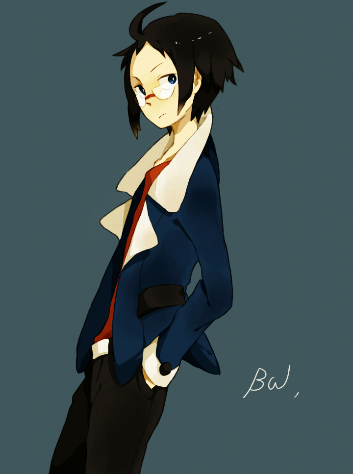 ahoge, bad_id, black_hair, blazer, blue_eyes, cheren_(pokemon), glasses, hand_in_pocket
