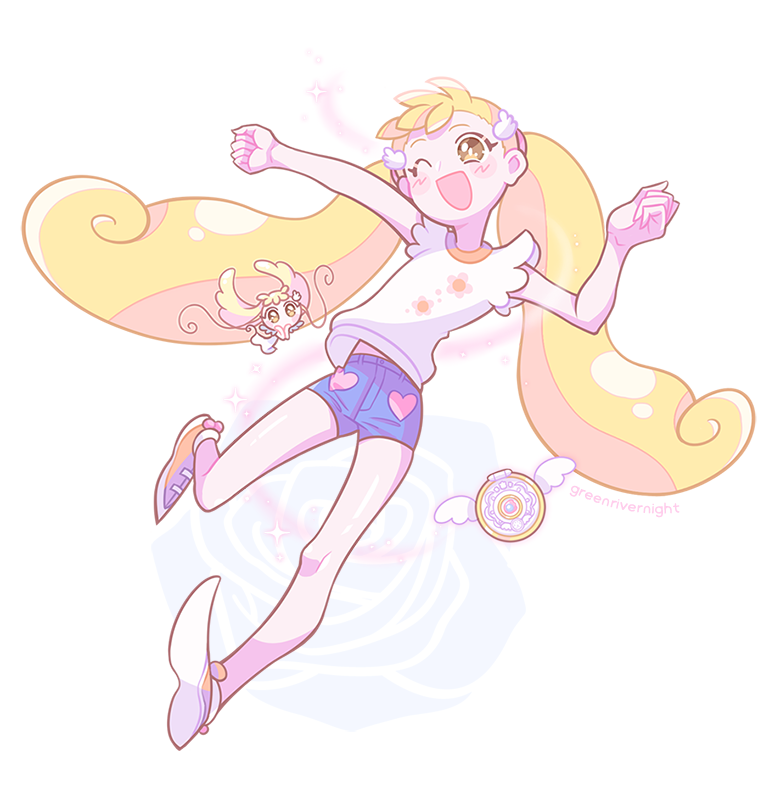 1girl, :d, arm_up, blonde_hair, blue_shorts, blush, brown_eyes, chinese_commentary, commentary_request, fairy, floral_print, full_body, greenriverknight, hand_up, long_hair, low_twintails, makihatayama_hana, ojamajo_doremi, open_mouth, orange_footwear, outstretched_arm, shirt, shoes, short_shorts, shorts, smile, solo, standing, standing_on_one_leg, toto_(ojamajo_doremi), twintails, very_long_hair, white_shirt, wing_hair_ornament