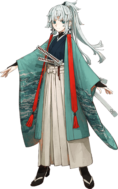 1boy, androgynous, aqua_kimono, black_socks, closed_mouth, fate/samurai_remnant, fate_(series), full_body, green_eyes, hakama, hakama_skirt, haori, japanese_clothes, katana, kimono, long_hair, official_art, open_clothes, ponytail, sandals, sheath, sheathed, skirt, socks, solo, sword, transparent_background, wataru_rei, weapon, white_hair, white_hakama, wide_sleeves, yui_shousetsu_(fate)