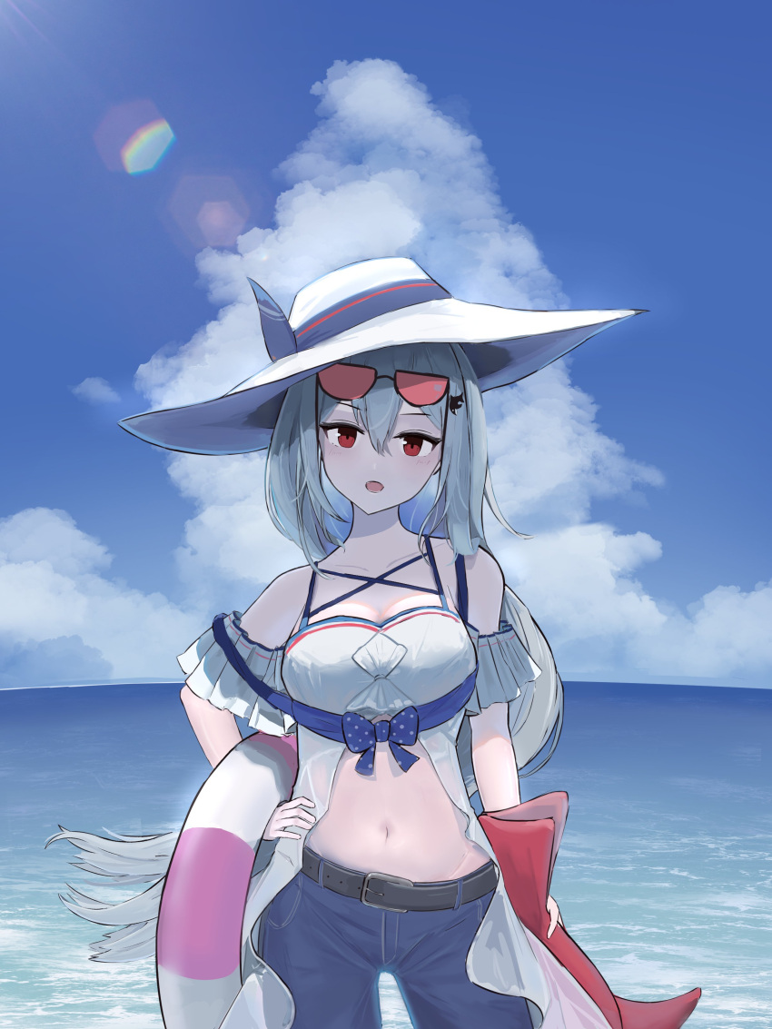 1girl, absurdres, arknights, belt, blue_shorts, blue_sky, breasts, clouds