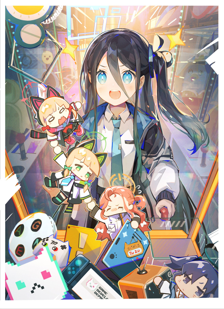 5girls, absurdres, animal_ear_headphones, animal_ears, aris_(blue_archive), black_hair, blonde_hair, blue_archive