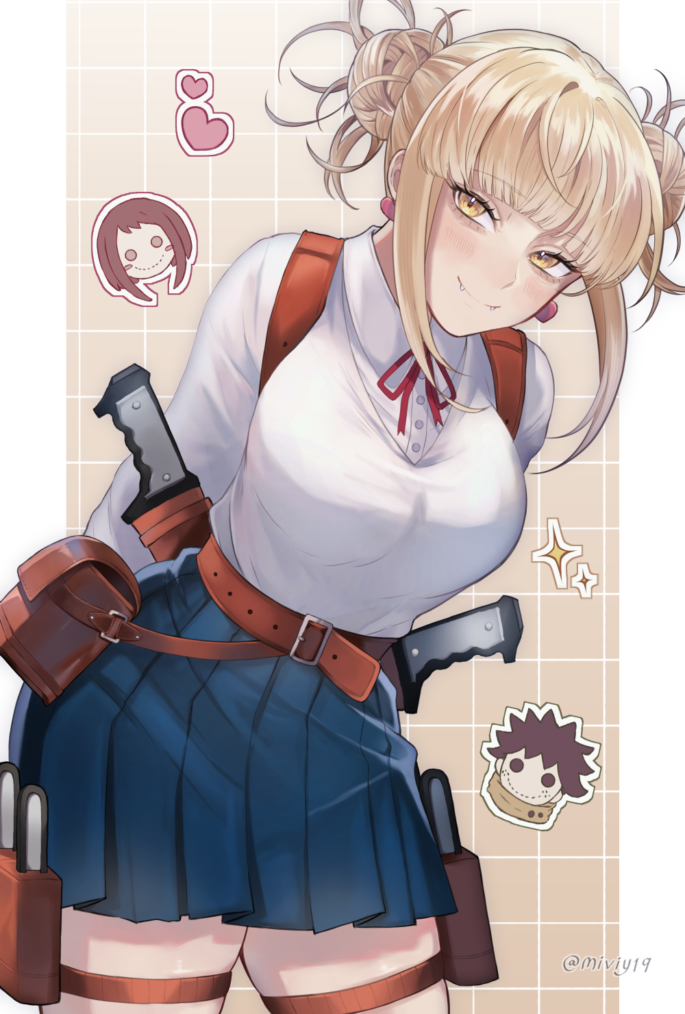 1girl, arms_behind_back, blonde_hair, blue_skirt, blunt_bangs, boku_no_hero_academia, double_bun, earrings, hair_bun, highres, holster, jewelry, knife, knife_sheath, looking_at_viewer, messy, midoriya_izuku, miviy19, pleated_skirt, sheath, sheathed, shirt, skirt, slit_pupils, solo, thigh_holster, thigh_strap, toga_himiko, uraraka_ochako, white_shirt, yellow_eyes
