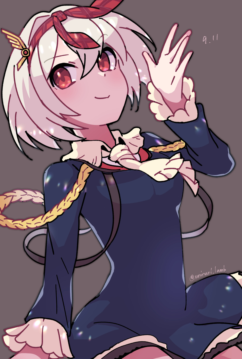 1girl, aiguillette, azur_lane, blue_dress, bob_cut, closed_mouth, dated, dress