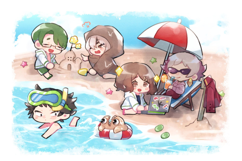 2girls, 3boys, bandage_over_one_eye, bandages, beach, beach_chair, beach_umbrella, black_eyes