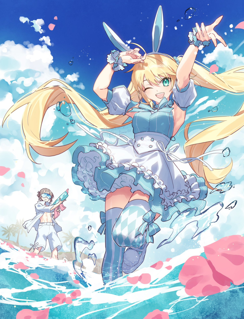 1boy, 1girl, ahoge, animal_ears, artoria_caster_(fate), artoria_caster_(swimsuit)_(fate), artoria_pendragon_(fate), asymmetrical_legwear, blonde_hair, blue_dress, dress, fate/grand_order, fate_(series), grey_hair, highres, jacket, long_hair, male_swimwear, mismatched_legwear, oberon_(fate), ocean, one_eye_closed, open_clothes, open_jacket, petals, rabbit_ears, sunglasses, swim_trunks, thigh-highs, tsuyukusa_(eeta7273), water_gun, wrist_cuffs