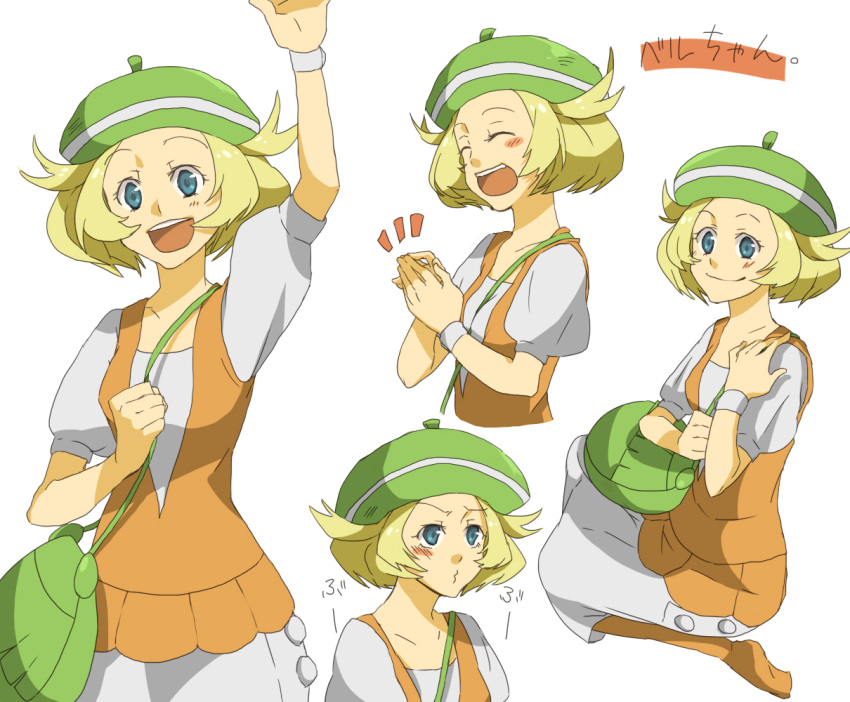 bag, bel_(pokemon), bell_(pokemon), beret, blonde_hair, blue_eyes, blush, happy