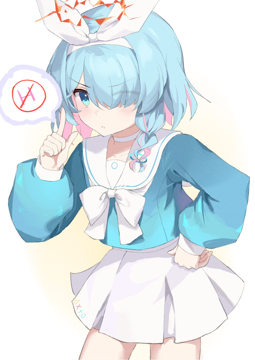 1girl, absurdres, arona_(blue_archive), ayaha_4780828, blue_archive, blue_eyes, blue_hair, blue_shirt