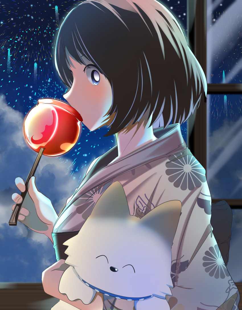 1girl, absurdres, ameiro_riu, bob_cut, brown_hair, candy_apple, dog, eating, food, highres, holding, holding_food, japanese_clothes, kimono, medium_hair, mix_(manga), night, night_sky, punch_(mix), sky, tachibana_otomi, upper_body, white_kimono