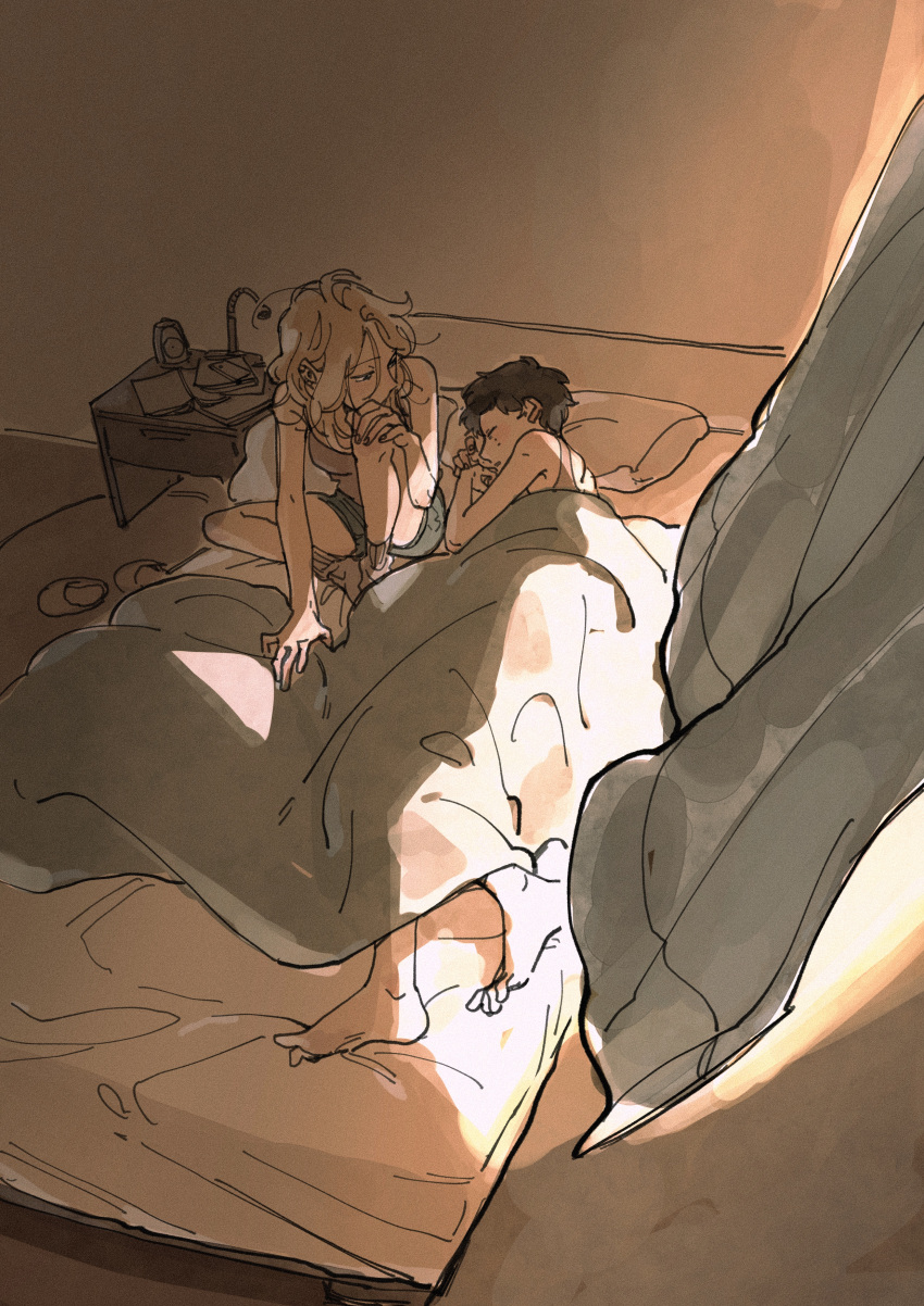 2girls, absurdres, arai_sumiko, barefoot, bed, bedroom, closed_eyes, commentary_request, curtains, feet, highres, indoors, looking_at_another, lying, multiple_girls, on_bed, on_side, original, pillow, sleeping, toes, yuri
