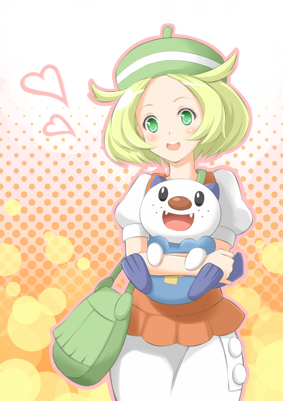 1girl, bel_(pokemon), bell_(pokemon), beret, blonde_hair, blush, freckles, green_eyes, happy, hat, heart, heripu, holding, hug, oshawott, pokemon, pokemon_(creature), pokemon_(game), pokemon_black_and_white, pokemon_bw, purse, short_hair, skirt, smile