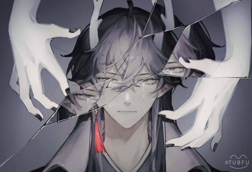 1boy, absurdres, artist_name, black_hair, black_nails, broken_glass, closed_mouth, crying