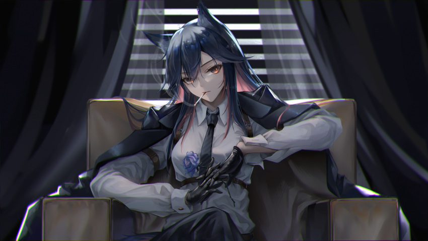 1girl, animal_ears, arknights, armchair, black_coat, black_gloves, black_hair, black_necktie