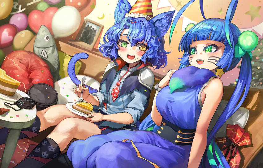 2girls, absurdres, animal_ears, antenna_hair, balloon, blue_dress, blue_hair, blue_lips