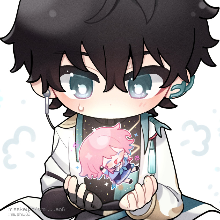 1boy, 1girl, ^_^, arms_up, black_footwear, black_gloves, black_hair, black_shirt
