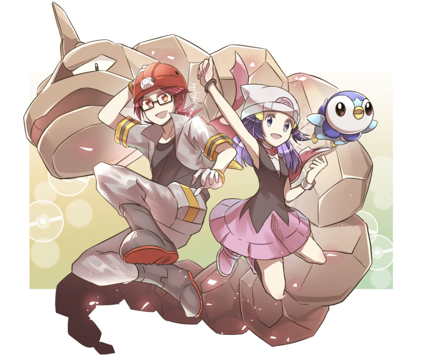 1boy, 1girl, :d, beanie, boots, bracelet, commentary_request, eyelashes