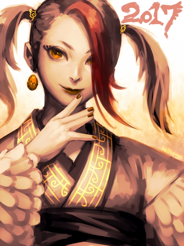 1girl, artist_name, asymmetrical_bangs, bellhenge, black_hair, black_lips, black_nails, black_sash