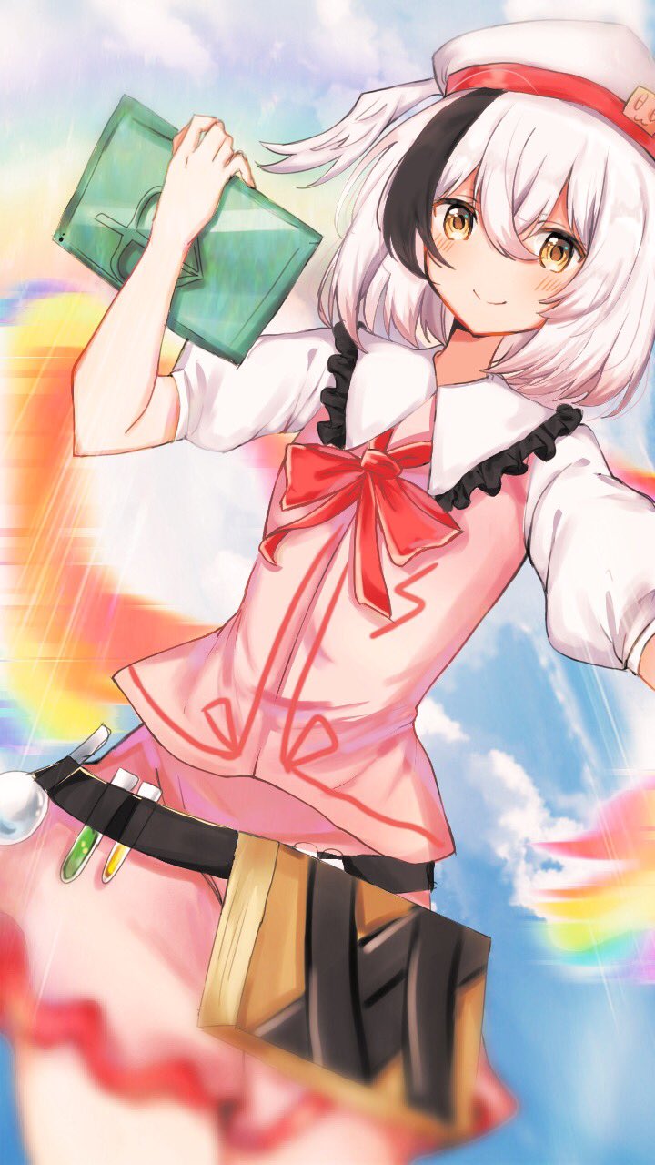 1girl, belt, black_belt, black_hair, blue_sky, blurry, blurry_foreground, blush_stickers