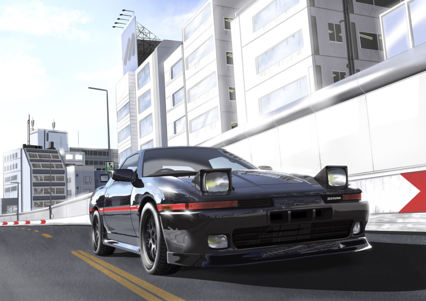 car, clouds, commission, english_commentary, highres, motor_vehicle, no_humans, original