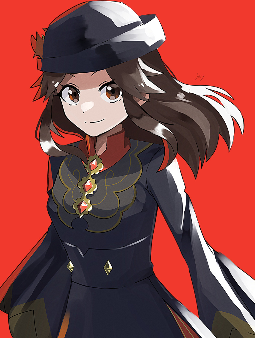 1girl, absurdres, black_dress, black_headwear, brown_eyes, brown_hair, closed_mouth, commentary_request