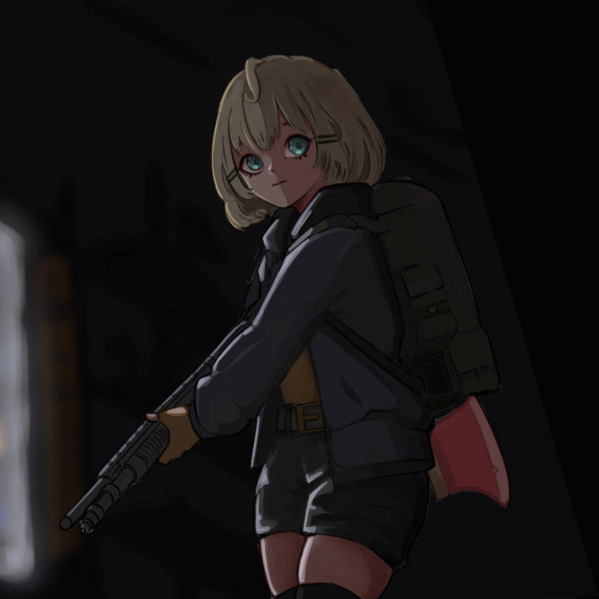 1girl, absurdres, alternate_costume, blonde_hair, gun, highres, holding, holding_gun