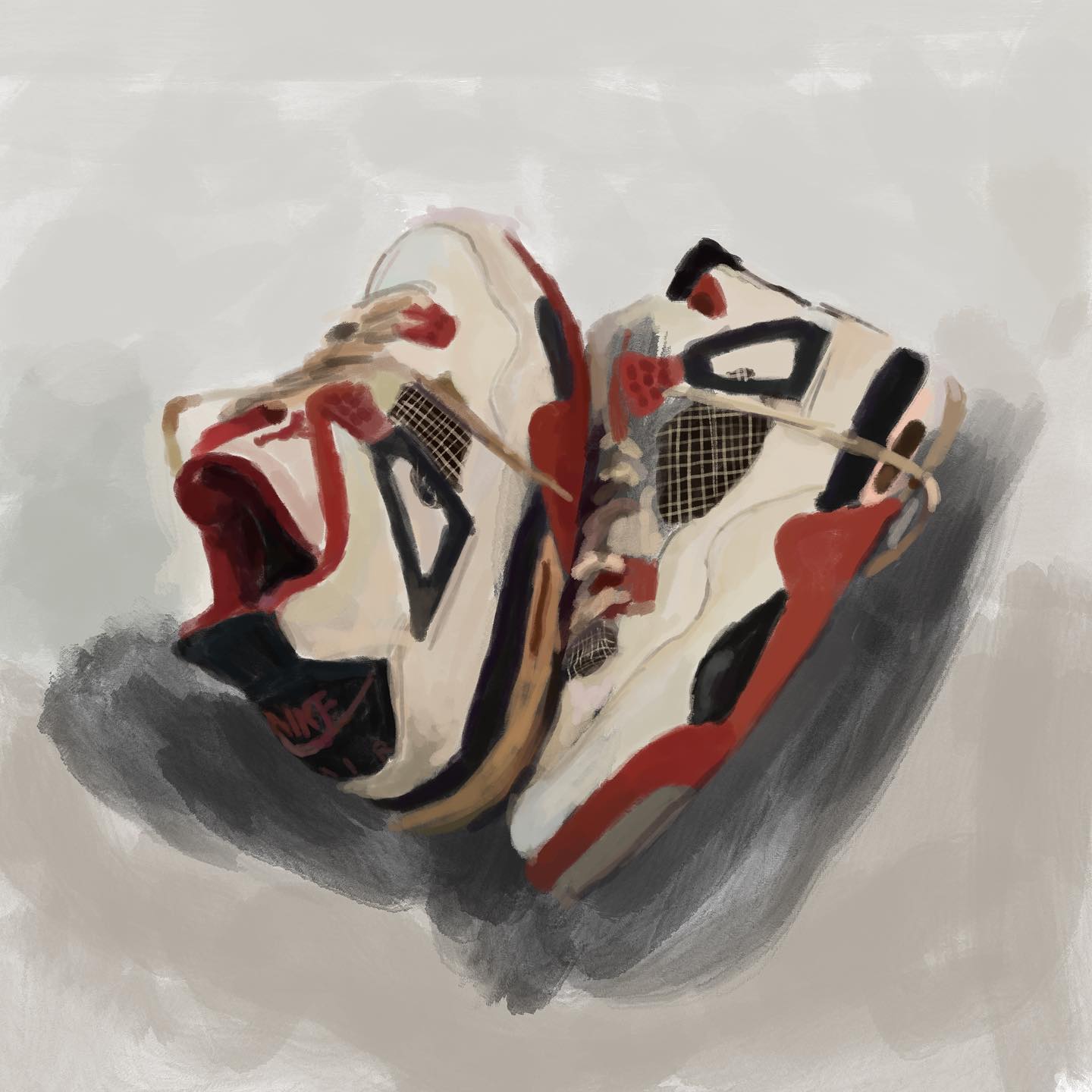 air_jordan, air_jordan_4, commentary, faux_traditional_media, footwear_focus, highres, no_humans, original, painterly, shadow, shoelaces, shoes, sneakers, still_life, symbol-only_commentary, untied_shoe, wavypeso